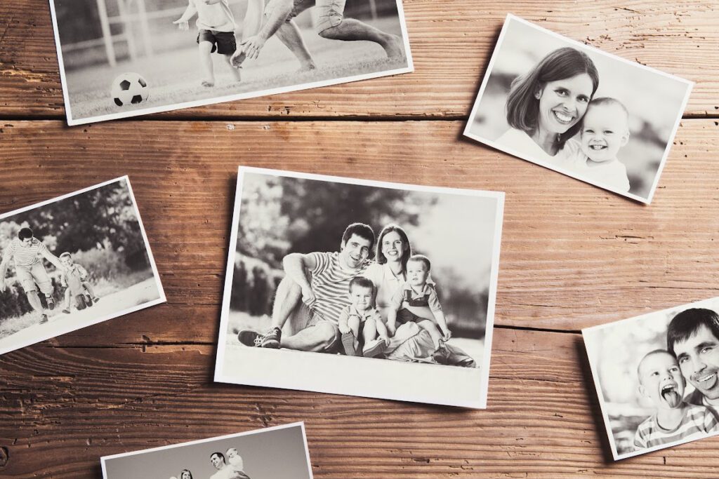 Black and white photos of a young family.