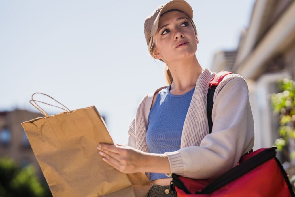 Woman holding delivery bag, delivering food to a person's home.