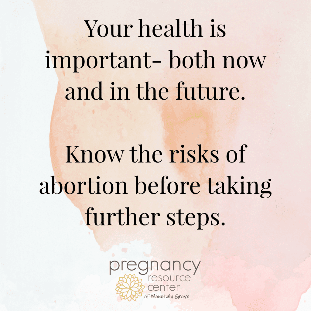 Watercolor graphic with text "Your health is important - both now and in the future. Know the risks of abortion before taking further steps."
