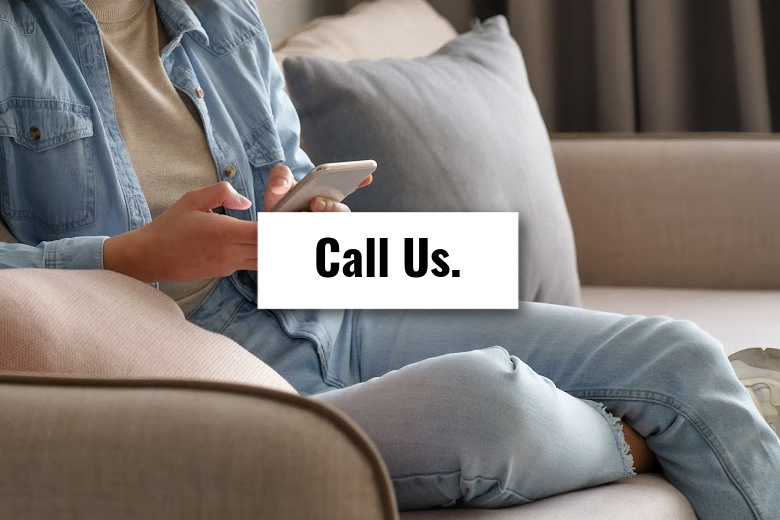 Oval graphic with woman sitting on couch using her smartphone with text overlay on a button reading "Call us."
