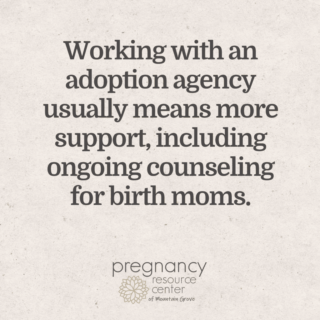Textured graphic with text "Working with an adoption agency usually means more support, including ongoing counseling for birth moms."