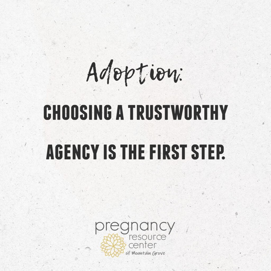 Graphic with textured background and text "Adoption: choosing a trustworthy agency is the first step."