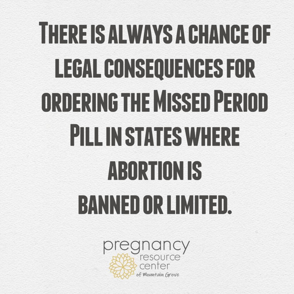 Graphic with textured background and text "there is always a chance of legal consequences for ordering the missed period pill in states where abortion is banned or limited."