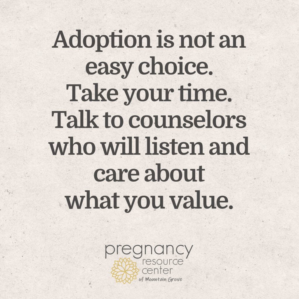 Textured graphic with text "Adoption is not an easy choice. Take your time. Talk to counselors who will listen and care about what you value.