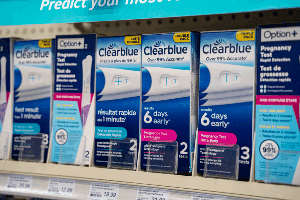 Store shelf with early prediction pregnancy tests.