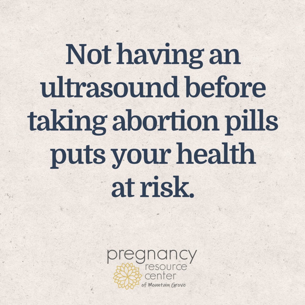 Textured graphic with text "Not having an ultrasound before taking abortion pills puts your health at risk.