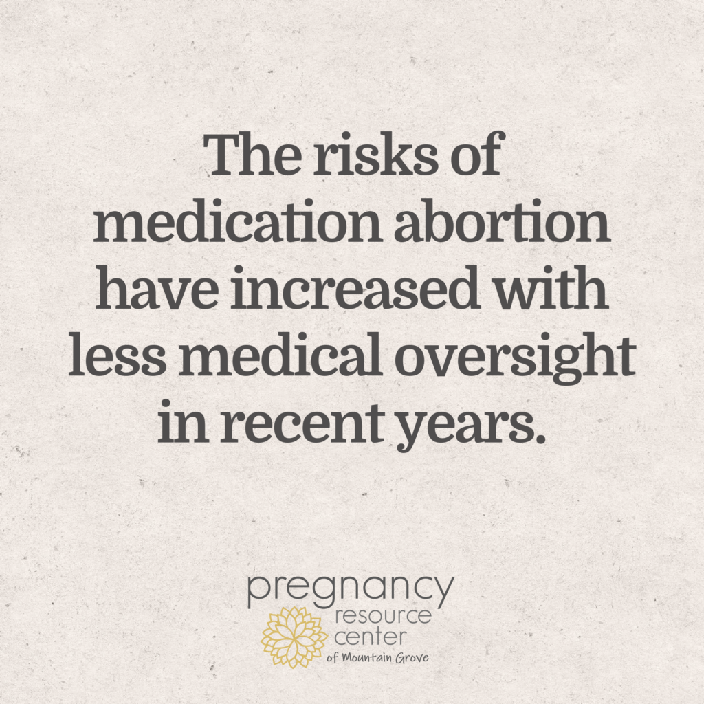 Textured graphic with text regarding the increased risks of medication abortion pills.